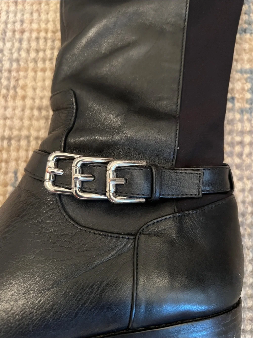 Donald J. Pliner Black Knee-High Leather Boots with Silver Buckle